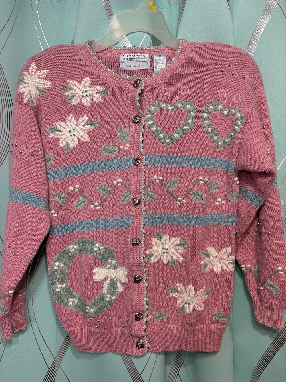VTG Signature by Northern Isles Pink Beaded Knit Cardigan Hand Embroidered
